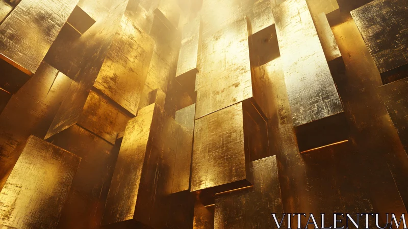 Abstract Golden Cubes Wall in Luxurious Metallic Art Style.