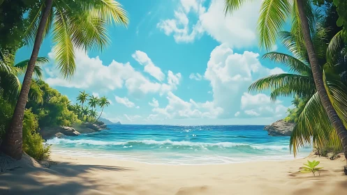Tropical Coastline with Palm-Framed Sandy Beach and Turquoise Waters