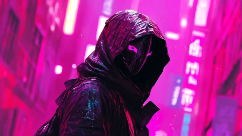 Cyberpunk cloaked figure in neon magenta urban alleyway