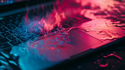 Hydrodynamic spill across backlit laptop keyboard surface.