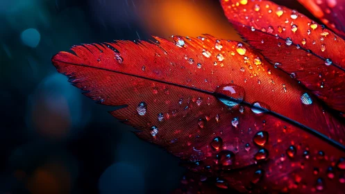 Red feathers with water droplets under dramatic lighting
