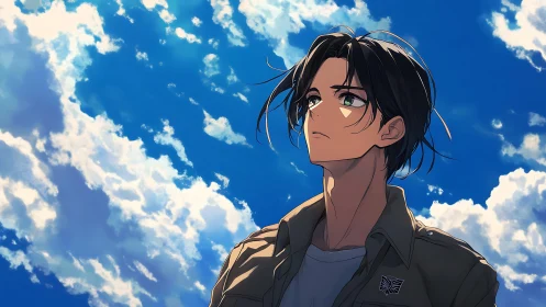 Anime portrait under cinematic sky with dynamic cloudscape.
