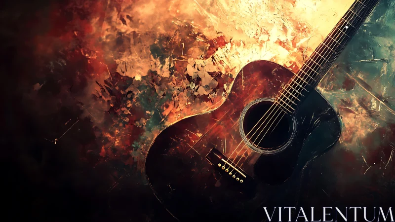 Acoustic guitar with abstract fiery brushwork backdrop.