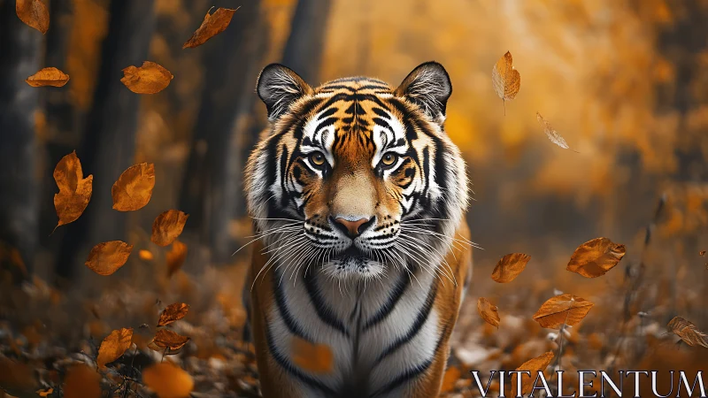 Autumn forest tiger portrait with golden bokeh foliage focus.
