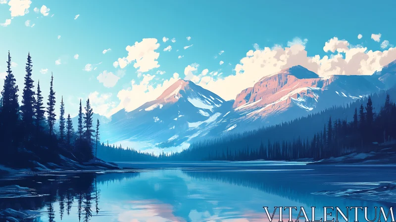 Low-angle alpine lake panorama with stylized atmospheric perspective