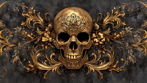 Gilded skull grins amid baroque vines and whispered decay