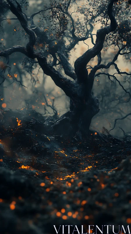 Gnarled tree stands over glowing embers in a burned forest