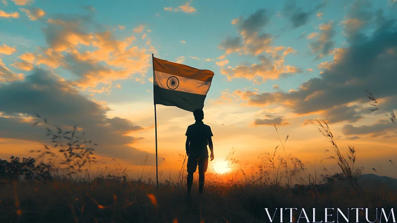 Silhouetted youth holding Indian flag at vivid sunset sky.