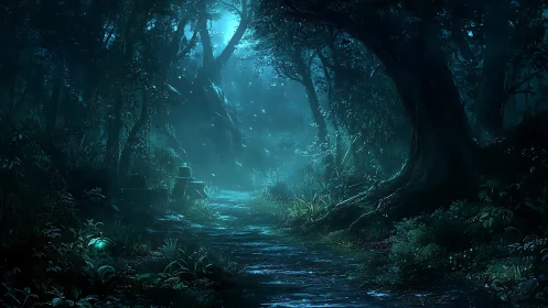 Underground cavern with bioluminescent water passage.