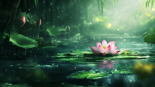 Diffuse-lit lotus bloom on reflective forest pond surface