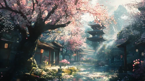 Cherry blossoms frame traditional pagoda courtyard in spring