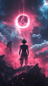 Lone cosmic warrior bathed in neon stormlight wonder.