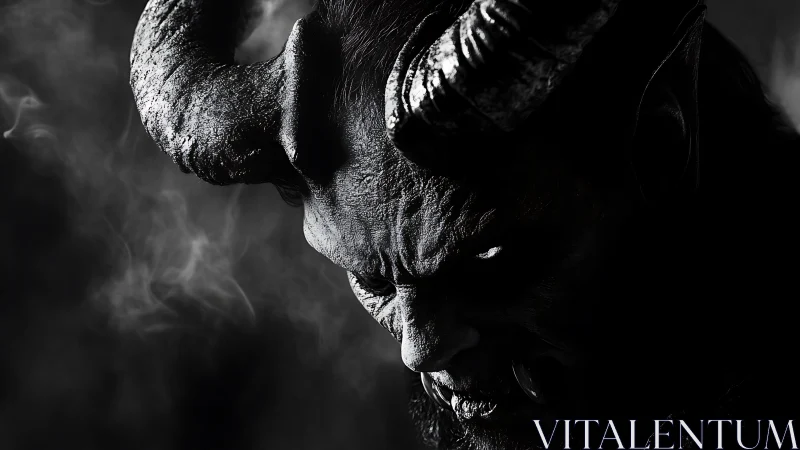 Horned demon portrait emerges from shadow in harsh sidelight