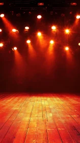Warm stage lights glow over an empty wooden floor