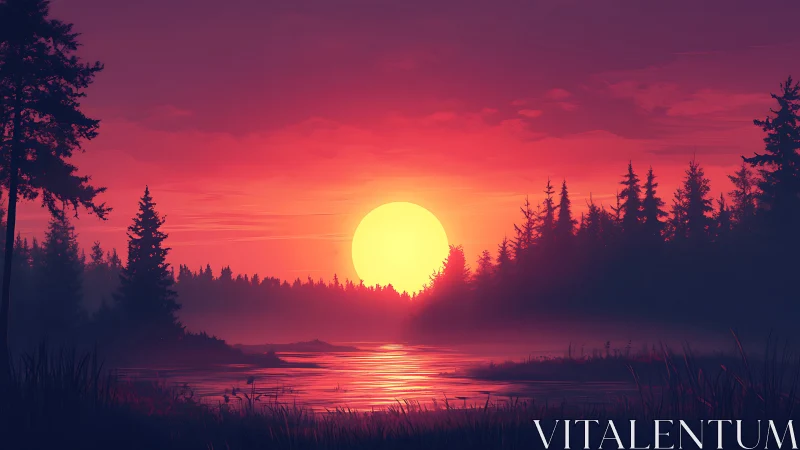 Vivid red sunset over calm forest lake with silhouettes