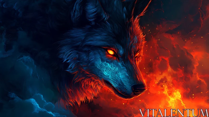 Elemental wolf head divides icy void and erupting fire