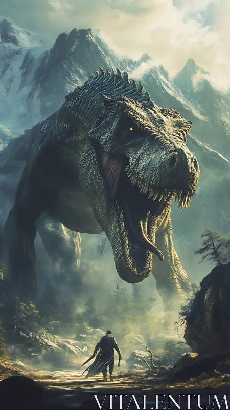 Colossal mountain dinosaur looms over a lone brave wanderer