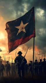 Weathered battle flag dominates dusk-lit infantry formation