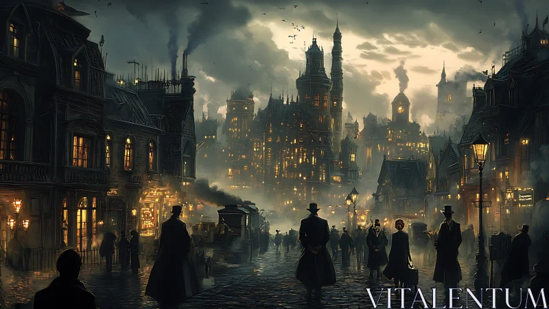 Steampunk city street glows through fog under looming towers