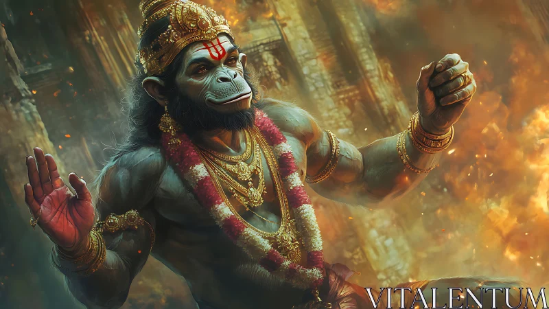 Simian-headed warrior deity in ornate golden regalia. Period.