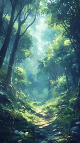 Forest Path Through Luminous Canopy with Celestial Sky.