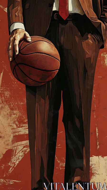Basketball coach in tailored suit grips ball with authority.