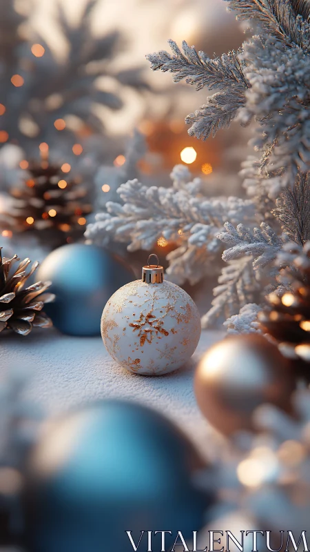 Snowy Christmas ornament with pine cones and frosted branches.