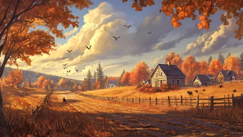 Golden autumn homestead glows beneath wandering country skies.