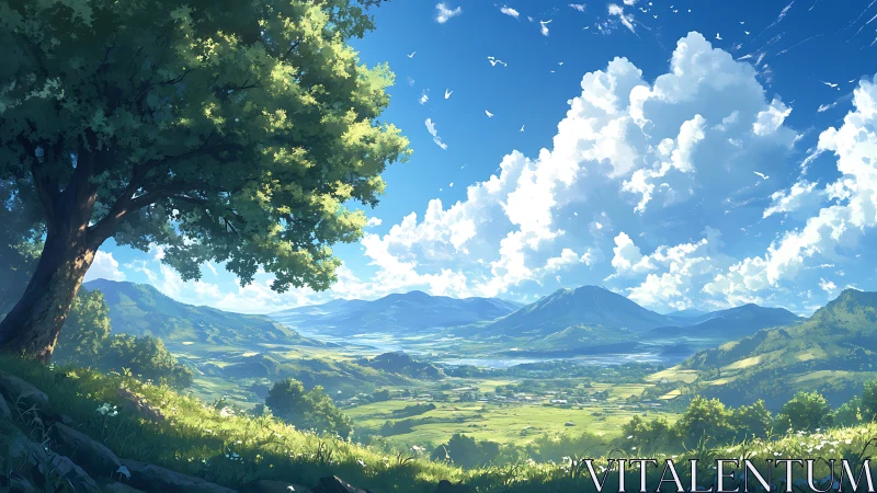 Sunlit valley dreamscape under drifting summer clouds.