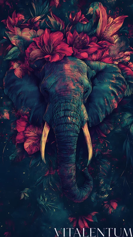 Floral crowned elephant in vivid teal and crimson palette.