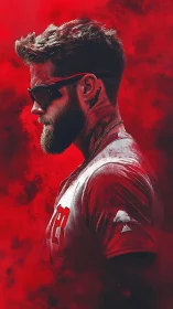 Bearded baseball player profile in intense red mist.