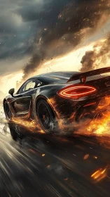 Rear view of sports car on wet road with fire effects.