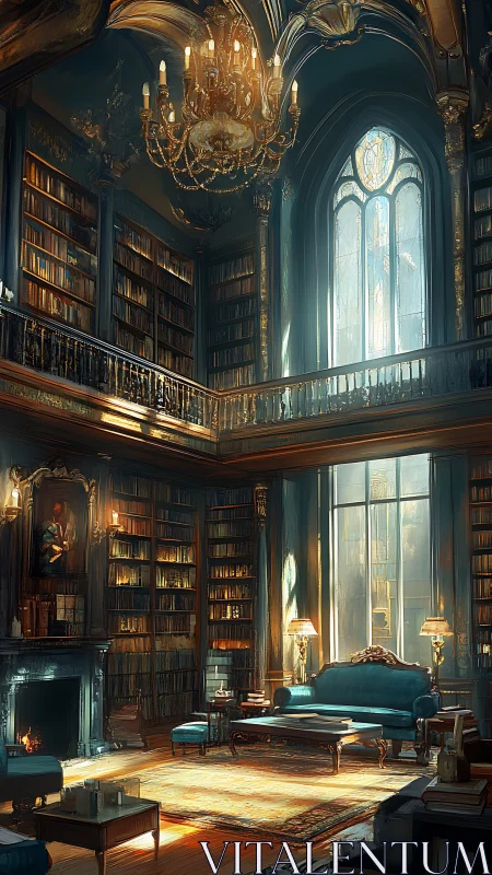 Sunlit baroque library interior glows with warm lamplight