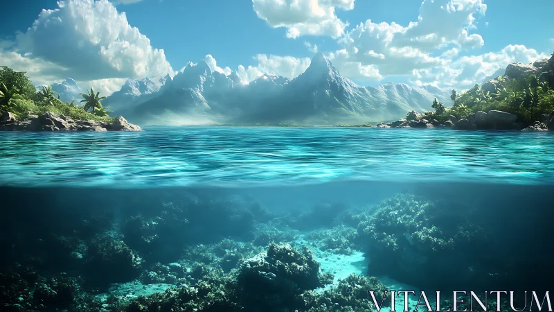 Tropical island coast with clear water and distant mountains.