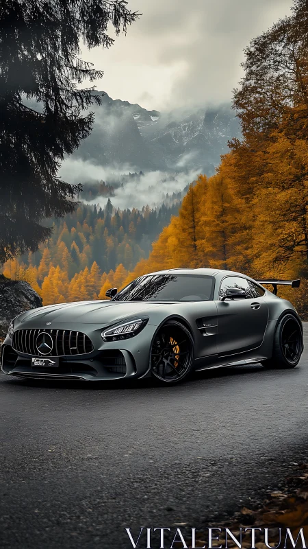 Mercedes sports coupe on wet forest road in autumn landscape.