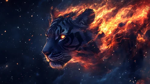Fiery cosmic tiger spirit glowing with quiet, fierce calm.