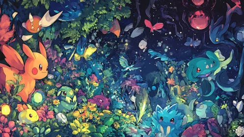 Vibrant forest creatures glow under luminous night canopy