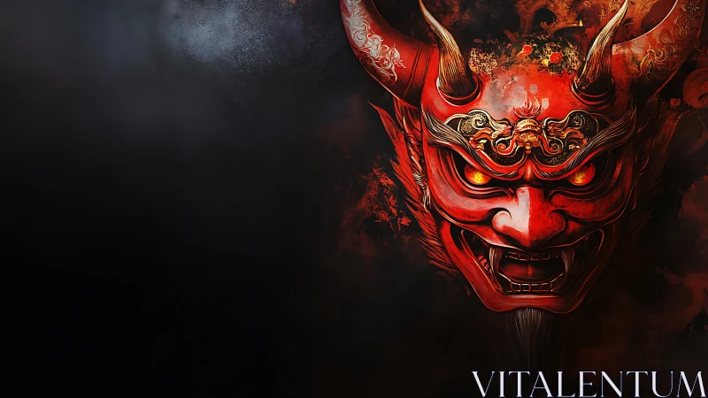 Crimson oni mask erupts from darkness with molten fury