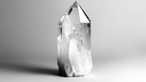 Clear quartz crystal stands in minimalist grayscale space.