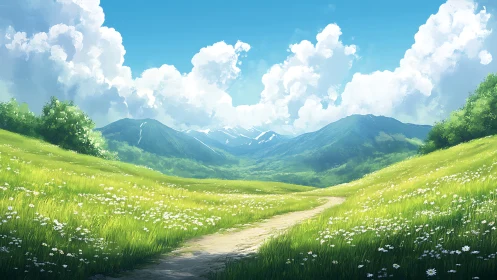 Sunlit mountain meadow path under towering summer clouds.