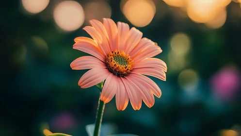 Coral Gerbera Daisy with Bokeh Background.