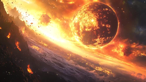 Fiery planetary collision over molten fractured landscape.