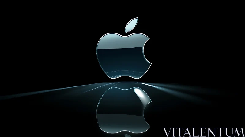 Glossy metallic apple emblem reflects over dark surface