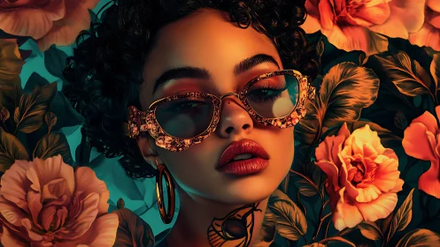 Digital portrait depicts woman with floral glasses and backdrop