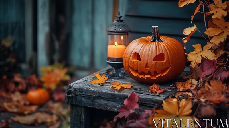 Carved jack o lantern glows beside candle on weathered bench