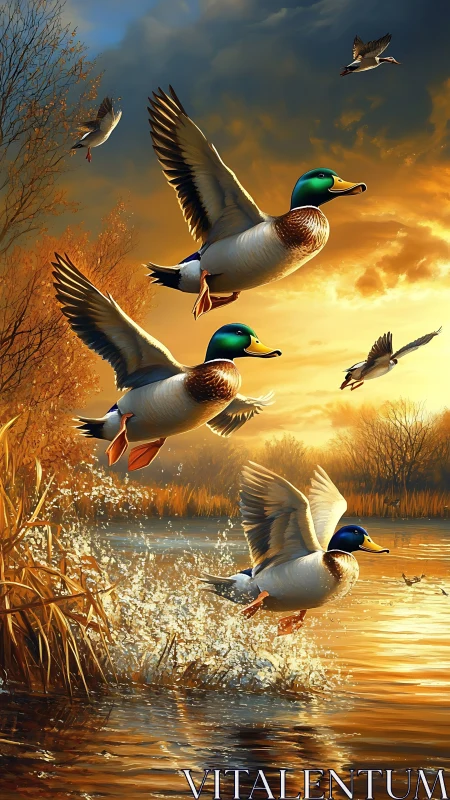 Mallard ducks burst from golden wetland at fiery sunset.