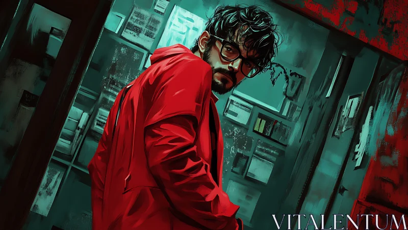 Hacker in red coat under teal neon light in abstract corridor.