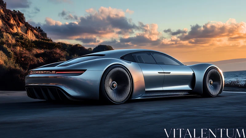 Futuristic silver concept car is parked on a coastal roadway