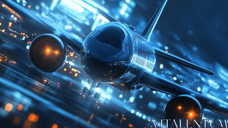 Futuristic airliner rendering with neon runway reflections.