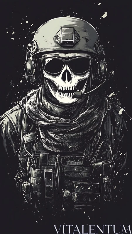 Skull-masked tactical soldier stands amid stark darkness.